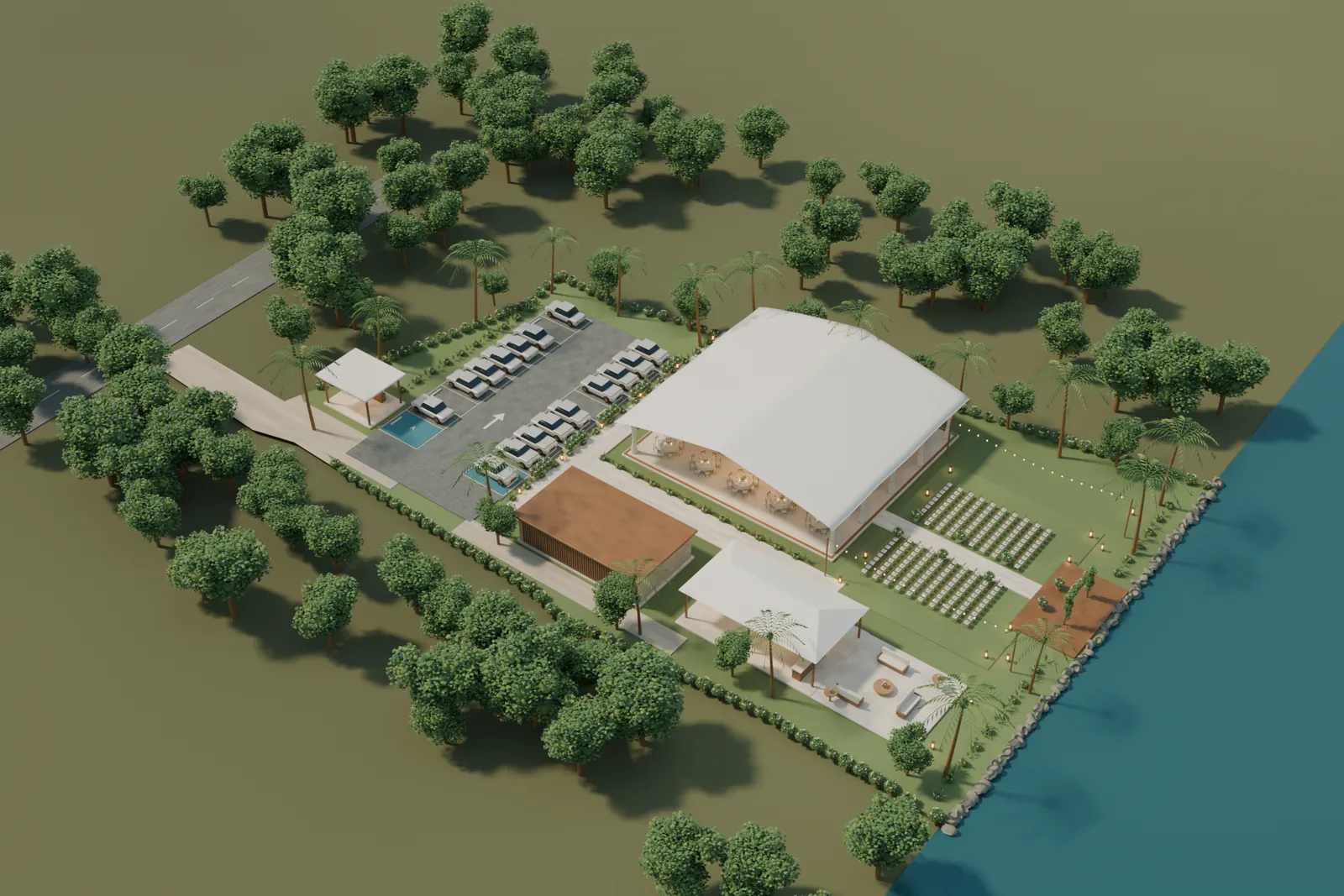 Aerial design view of the full venue and approach