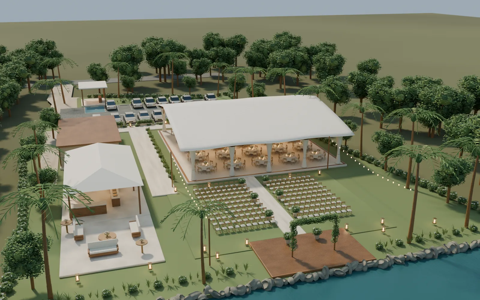 Blender concept of the lakeside ceremony garden, ivory dining pavilion and waterfront lounge